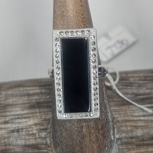 Vintage Art Deco Onyx Sterling Silver Stamp EUC Sz 8 Adjustable 70s-80s